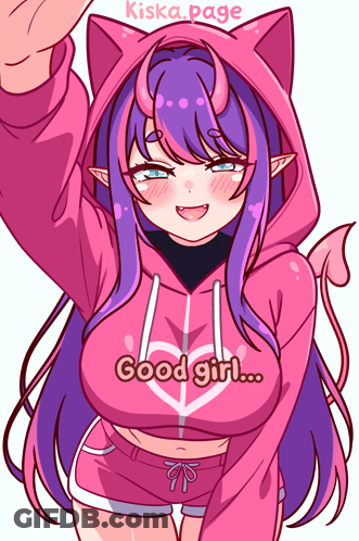 Girl With Purple Hair And Horns In Pink Hoodie GIF