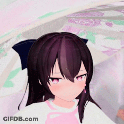 Girl With Purple Hair And Pink Eyes In Pink S Shirt GIF