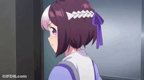 Girl With Purple Hair And Purple Bow In Doorway GIF