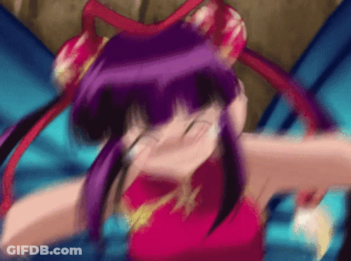 Girl With Purple Hair And Red Dress Covering Face GIF
