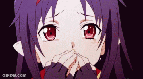 Girl With Purple Hair And Red Eyes Covering Face GIF