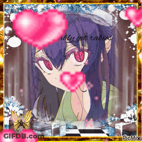 Girl With Purple Hair And Red Eyes Surrounded By Pink Hearts Saying Ably Get Rabies GIF
