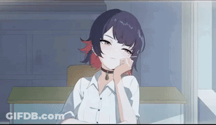 Girl With Purple Hair And Red Highlights Chin In Hand GIF