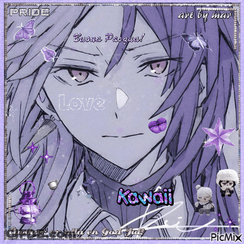 Girl With Purple Hair And Words Love And Kawaii GIF