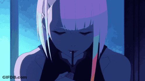 Girl With Purple Hair Eating Candy Bar GIF