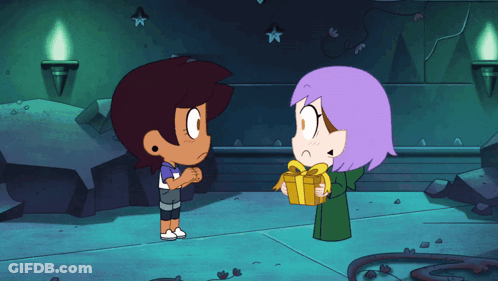 Girl With Purple Hair Giving Gift To Brown Hair Girl GIF