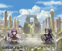 Girl With Purple Hair Holding Book And Sword Next To Man With Shield GIF
