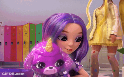 Girl With Purple Hair Holding Purple Unicorn GIF