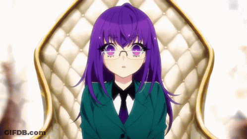 Girl With Purple Hair In Glasses And Green Suit GIF