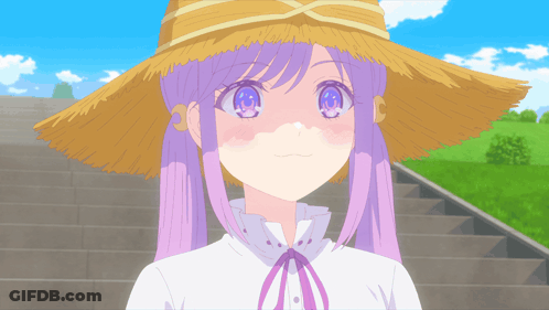 Girl With Purple Hair In Straw Hat And White Shirt GIF