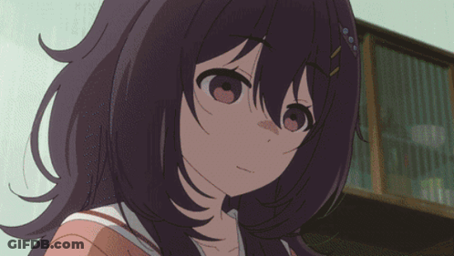Girl With Purple Hair Looking At Camera GIF