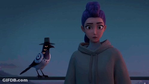 Girl With Purple Hair Next To Bird With Hat GIF