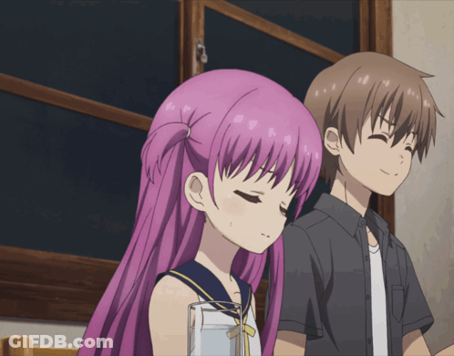 Girl With Purple Hair Next To Boy With Brown Hair GIF