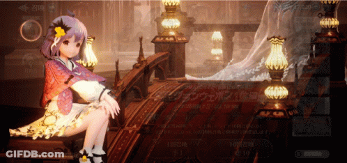 Girl With Purple Hair Sitting In Room With Lamps GIF