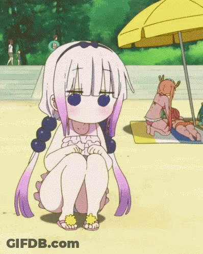 Girl With Purple Hair Sitting On Beach With Yellow Umbrella GIF