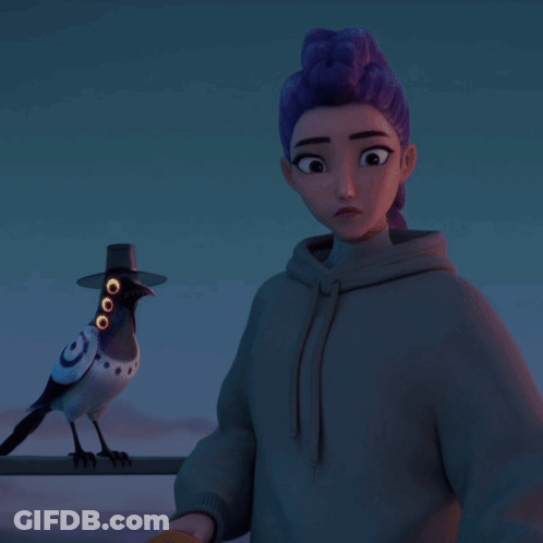 Girl With Purple Hair Standing Next To Bird With Hat GIF