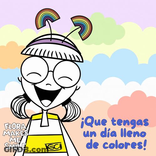 Girl With Rainbow Head Saying Que Tengas Un Dia Lleno De Colores GIF