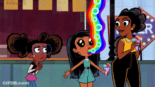 Girl With Rainbow Mouth Standing Next To Two Girls GIF
