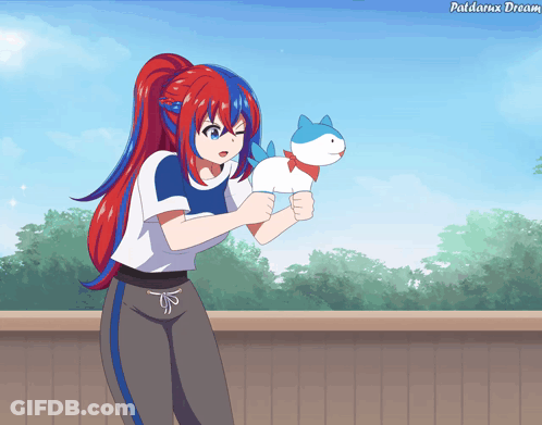 Girl With Red And Blue Hair Holding Patdarnx Dream Stuffed Animal GIF