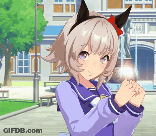 Girl With Red Bow Standing In Front Of Fountain GIF