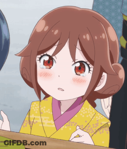 Girl With Red Eyes And Brown Hair In Yellow And Pink Kimono GIF
