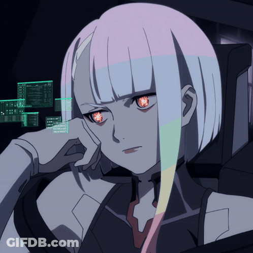 Girl With Red Eyes Sitting In Front Of Computer Screen Saying 00 GIF