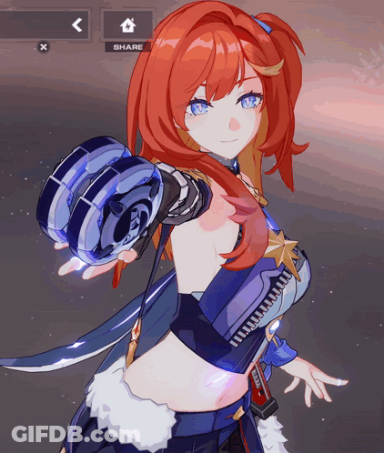 Girl With Red Hair And Blue Eyes Holding Blue Object And Share Button GIF