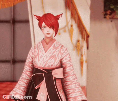 Girl With Red Hair And Ears In Pink And Black Kimono GIF