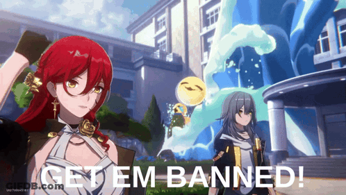 Girl With Red Hair In Front Of Building Saying Get Em Banned GIF
