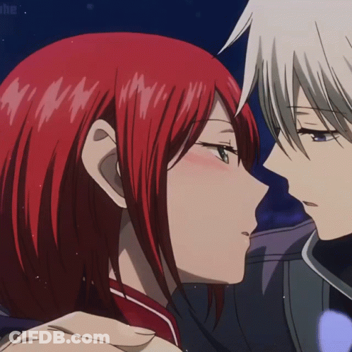 Girl With Red Hair Kissing Boy With White Hair GIF