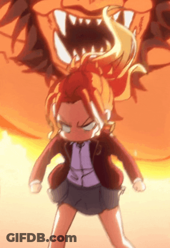 Girl With Red Hair Standing In Front Of Monster With Mouth Open GIF