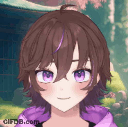 Girl With Short Brown Hair And Purple Eyes In Purple Jacket GIF