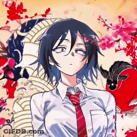 Girl With Short Hair And Red Tie In Front Of Fish And Flowers Painting GIF