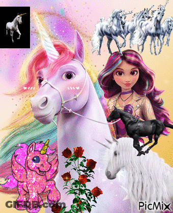 Girl With Unicorn On Head Surrounded By Unicorns And Flowers GIF