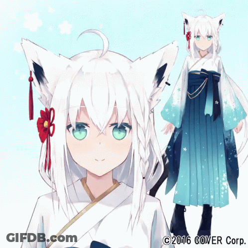 Girl With White Hair And Blue Eyes In Front Of Cover Corp Logo GIF