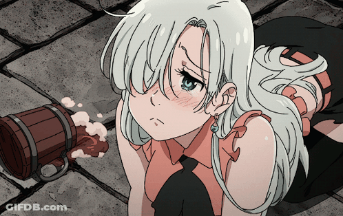 Girl With White Hair And Blue Eyes Kneeling Next To Barrel GIF
