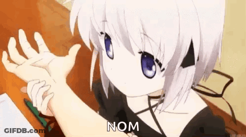 Girl With White Hair And Blue Eyes Saying Nom GIF