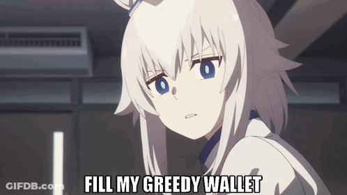 Girl With White Hair And Blue Eyes Says Fill My Greedy Wallet GIF