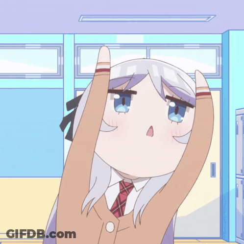 Girl With White Hair And Blue Eyes Stretching Arms In Classroom GIF