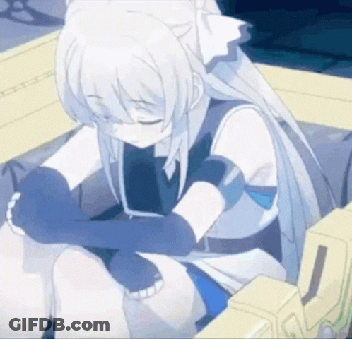 Girl With White Hair And Blue Gloves Sitting On Bench GIF