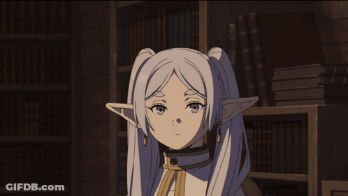 Girl With White Hair And Pigtails Beside Bookshelf GIF