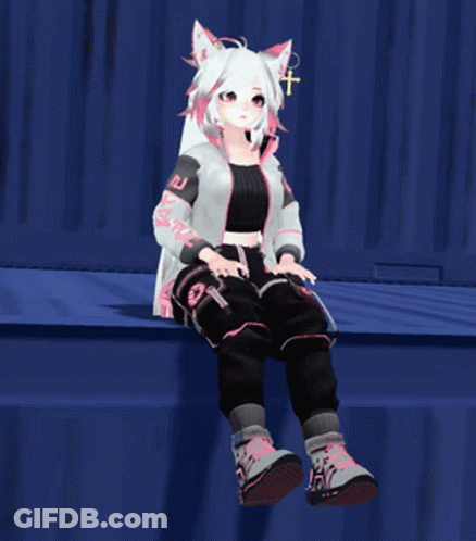Girl With White Hair And Pink Ears Sitting On Blue Wall GIF