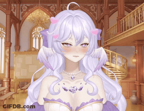 Girl With White Hair And Pink Horns Standing By Stairs GIF