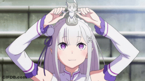 Girl With White Hair And Purple Eyes Holding Cat On Head GIF