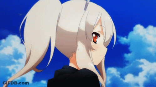 Girl With White Hair And Red Eyes In Front Of Blue Sky GIF