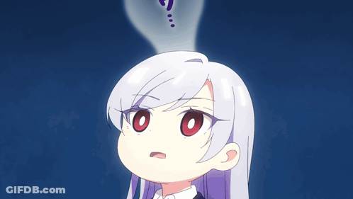 Girl With White Hair And Red Eyes Question Mark Above Head GIF