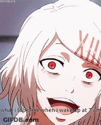 Girl With White Hair And Red Eyes Says What I Look Like When I Wake Up At 7Am GIF