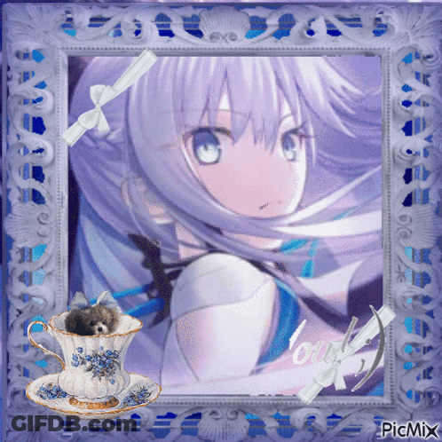 Girl With White Hair And Teddy Bear In Teacup Saying Love GIF