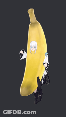 Girl With White Hair Standing Behind Giant Banana GIF