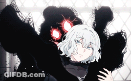 Girl With White Hair Standing Next To Monster With Red Eyes GIF